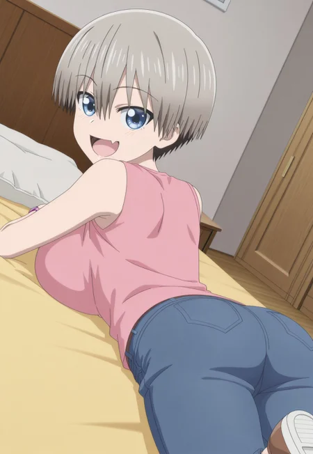 <lora:Hana_Uzaki_Uzaki-chan_Wants_to_Hang_Out_-_Illustrious_V2:1>,solo,Hana Uzaki (character), uzaki hana, 2d flat, anime screencap, indoors, consistent background, detailed face, 1girl, shorter female, Hana Uzaki, grey hair, hair between eyes, happy, open mouth, skin fang, huge breasts, pink shirt, sleeveless, jeans, ass, shoes, short hair, big head, blue eyes, watch, bedroom, bed, lying down, lying on stomach, lying on bed, yellow bed, widescreen tv, closet, good lighting, looking at viewer
