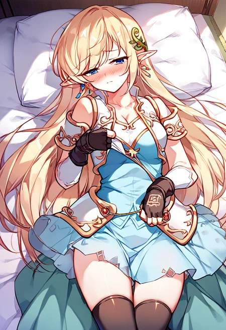 score_9,score_8_up,score_7_up,source_anime,zPDXL3,
*//*,<lora:Mercedes-v1.0-000007:1>,mercedes_elf,1girl,elf,pointy ears,blonde hair,long hair,blue eyes,cleavage,medium breasts,thighhighs,dress,zettai ryouiki,armor,black gloves,fingerless gloves,hair ornament,earrings,jewelry,reef hair ornament,
*//*,(game cg,moody lighting,cinematic lighting:1.2),night,novel illustration,bedroom,nervous,blush,half-closed eyes,lying,on back,(half undress,undressing:1.2),