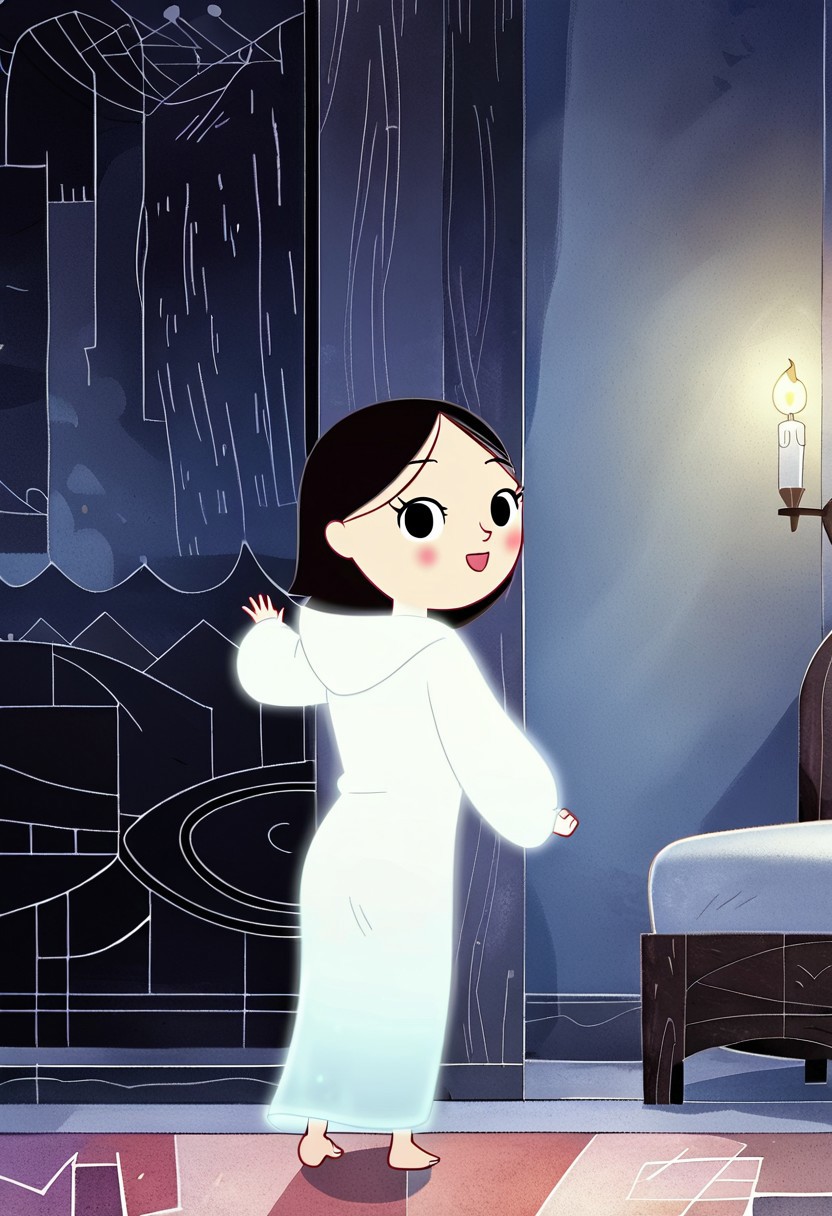 zPDXL3, source_cartoon, Perfect Hands, full body,
1girl, solo, aged down, bedroom, looking at viewer, saoirse, black hair, black eyes, blush, ghost, hood up, robe, barefoot, glowing, dancing on bed, from behind, facing at viewer, feeling cold, eyes open, smile, open mouth, sleeve past wrist, slim body, highlight cloth wrinkle, anime style, kicking, jumping,
<lora:Perfect Hands:1>  <lora:Saoirse_-_The_Song_of_the_Sea-000009:1>
