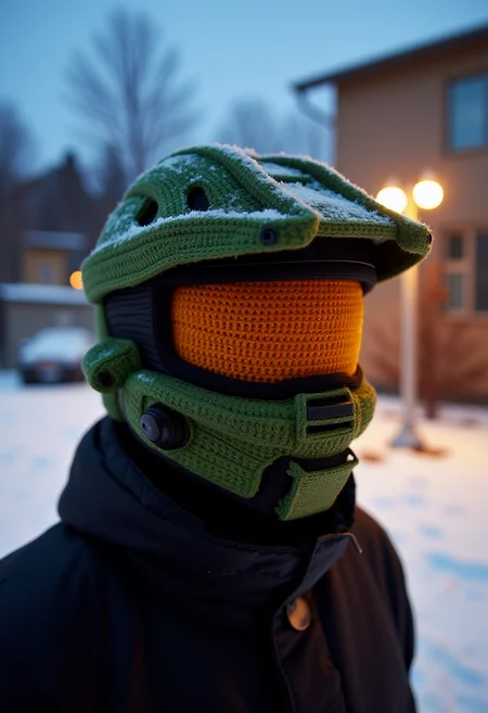 <lora:Winter_Toque_Threader_FLUX-000012:0.7>
The image is a photograph featuring a person wearing a creative, crocheted mask that resembles Master Chief's helmet and visor. They are standing outside in a snowy evening.