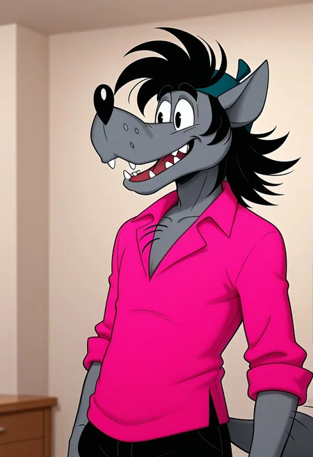 core_9, score_8_up, score_7_up, score_6_up, score_5_up, score_4_up, detailed background, detailed face, wolf, anthro, male, antro, furry, long nose, sharp teeth, thick black hair on his head, cap, hand-drawn animation, 2d, gray body, pink shirt, Sovet cartoon, black trousers