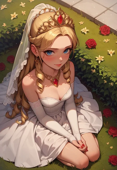 score_9, score_8_up, score_7_up, score_6_up, 
1girl, 25 years old, perfect face, cute, petite,
blue eyes,
long hair, blonde hair, sidelocks, drill ponytail,
gold crown, gold jewelry, earrings, necklace, red gem, 
wedding dress, lace, bridal gauntlets,
wedding, park, green garden, holding roses, 
blush, shy smile, 
looking at viewer, dynamic angle, depth of field, detailed hands, red nails, barefoot, 
sitting, on grass, from above, full body