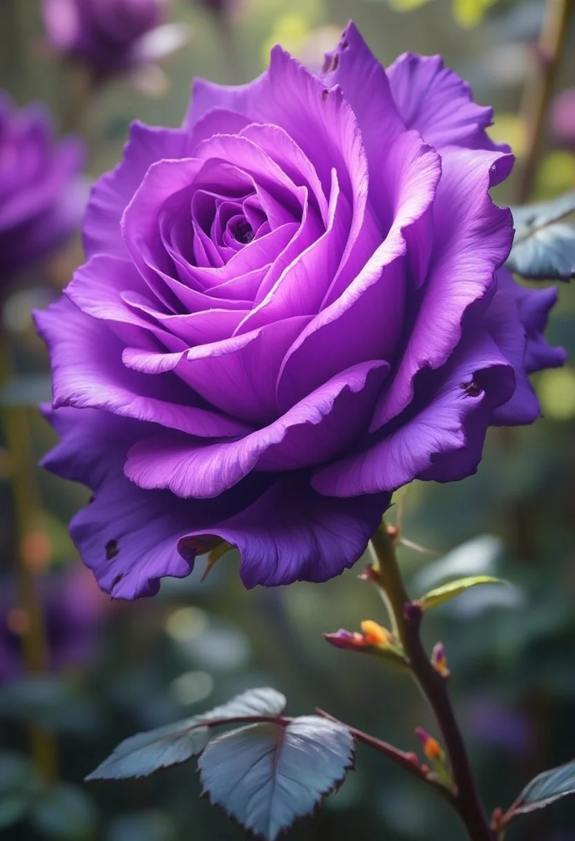 Hybrid purple rose, flower, highly detailed, diamond, yellow gold, bio-neon, garden background