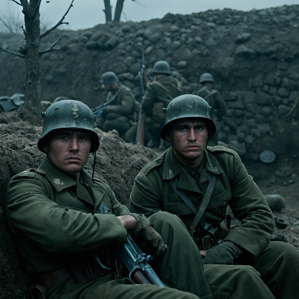 cinematic film still of  <lora:shell shock style:1>
A cinematic Kodak Fujifilm picture of two soldiers sitting on the ground in a trench, sharp, detailed, cinematic, sad, depressed, wrinkly, tired, fatigue, unhappy, glum, melancholy, miserable, sorrowful, dejected, disconsolate, downhearted, downcast, realism, realistic, dispirited, desolate, oppressed, panic, fear, Combat stress reaction, shell shock style, gloves, hat, sitting, monochrome, weapon, greyscale, male focus, multiple boys, 2boys, uniform, gun, military, military uniform, helmet, ground vehicle, rifle, snow, assault rifle, ruins, soldier, rubble, war, outdoors, tree, motor vehicle, military vehicle, tank, world war ii, barbed wire, military helmet, boots, military hat, combat helmet
, shallow depth of field, vignette, highly detailed, high budget, bokeh, cinemascope, moody, epic, gorgeous, film grain, grainy