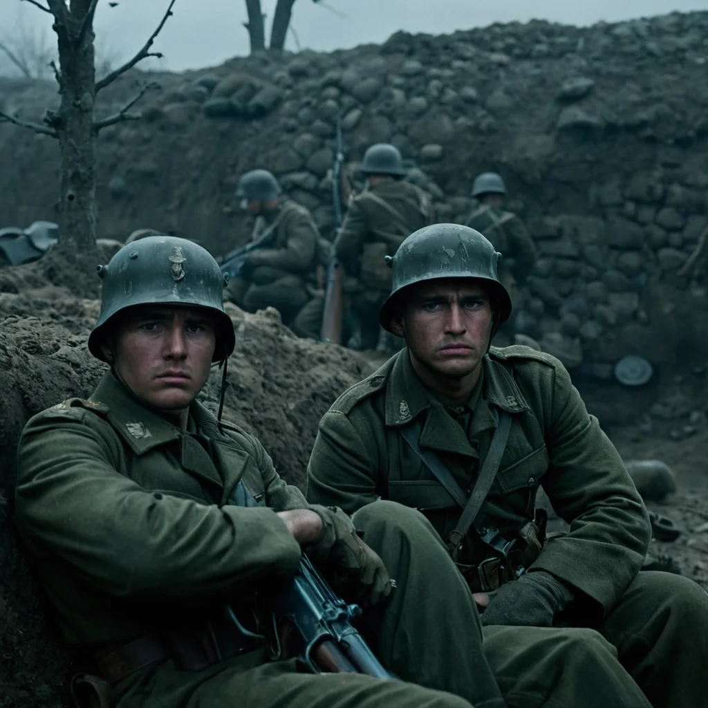 cinematic film still of <lora:shell shock style:1>
A cinematic Kodak Fujifilm picture of two soldiers sitting on the ground in a trench, sharp, detailed, cinematic, sad, depressed, wrinkly, tired, fatigue, unhappy, glum, melancholy, miserable, sorrowful, dejected, disconsolate, downhearted, downcast, realism, realistic, dispirited, desolate, oppressed, panic, fear, Combat stress reaction, shell shock style, gloves, hat, sitting, monochrome, weapon, greyscale, male focus, multiple boys, 2boys, uniform, gun, military, military uniform, helmet, ground vehicle, rifle, snow, assault rifle, ruins, soldier, rubble, war, outdoors, tree, motor vehicle, military vehicle, tank, world war ii, barbed wire, military helmet, boots, military hat, combat helmet
, shallow depth of field, vignette, highly detailed, high budget, bokeh, cinemascope, moody, epic, gorgeous, film grain, grainy