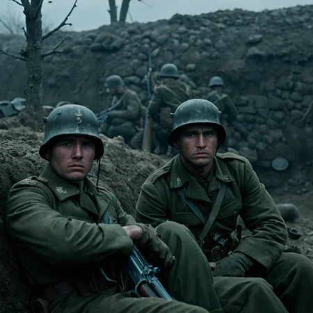cinematic film still of <lora:shell shock style:1>
A cinematic Kodak Fujifilm picture of two soldiers sitting on the ground in a trench, sharp, detailed, cinematic, sad, depressed, wrinkly, tired, fatigue, unhappy, glum, melancholy, miserable, sorrowful, dejected, disconsolate, downhearted, downcast, realism, realistic, dispirited, desolate, oppressed, panic, fear, Combat stress reaction, shell shock style, gloves, hat, sitting, monochrome, weapon, greyscale, male focus, multiple boys, 2boys, uniform, gun, military, military uniform, helmet, ground vehicle, rifle, snow, assault rifle, ruins, soldier, rubble, war, outdoors, tree, motor vehicle, military vehicle, tank, world war ii, barbed wire, military helmet, boots, military hat, combat helmet
, shallow depth of field, vignette, highly detailed, high budget, bokeh, cinemascope, moody, epic, gorgeous, film grain, grainy