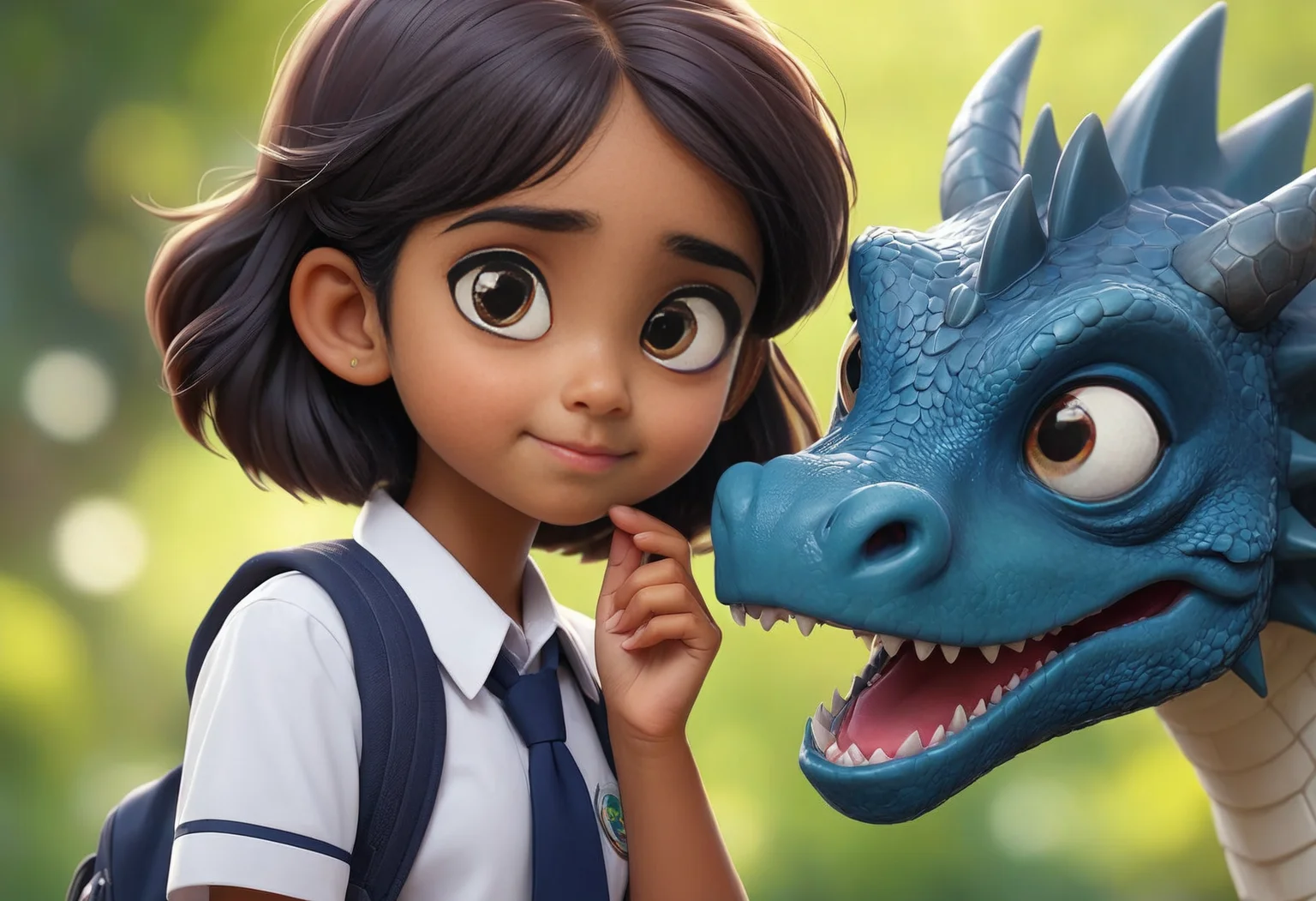 Indian schoolgirl petting her dragon, school uniform, bokeh, big eyes, cartoon style, (masterpiece, best quality, ultra_detailed, highres, absurdres:1.2)