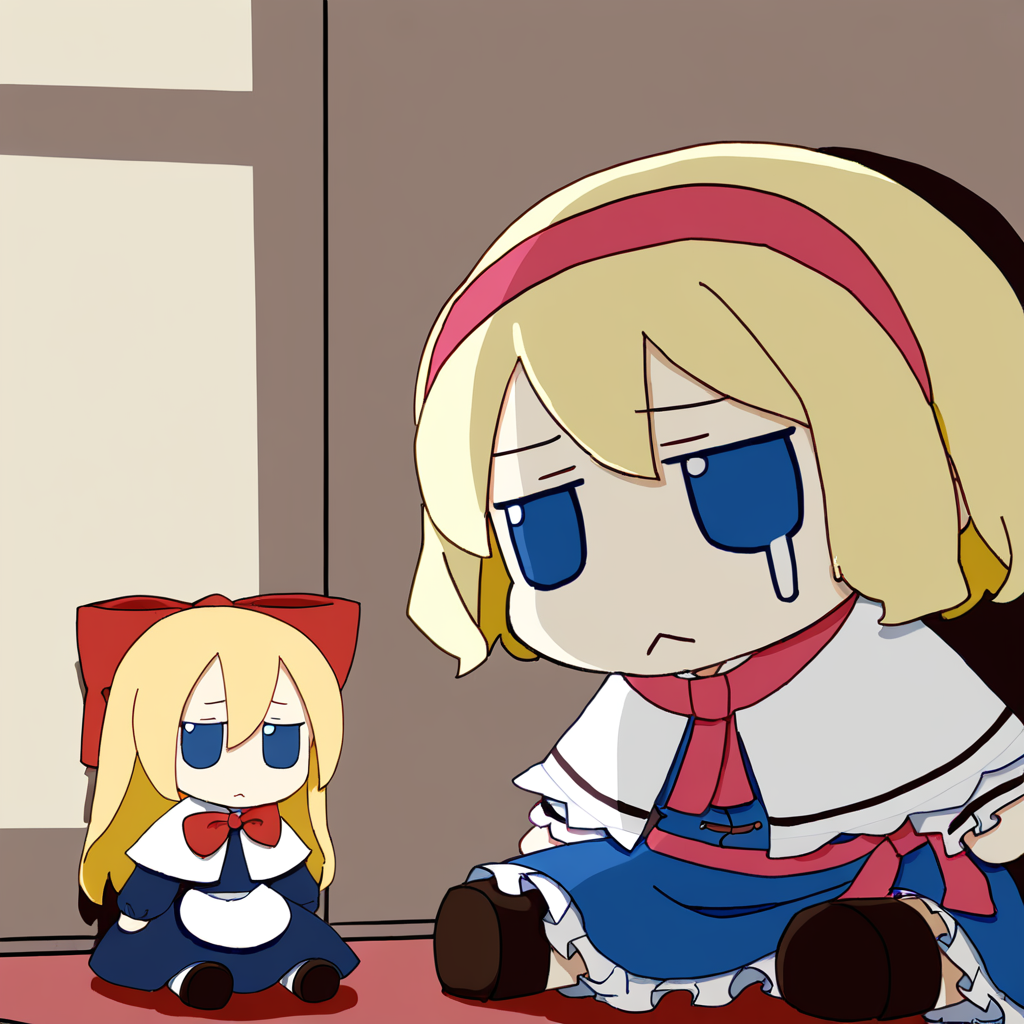 chibi,fumo,1girl,solo,short hair,blue eyes,blonde hair,dress,sitting,short sleeves,hairband,tears,chibi,blue dress,doll,sad,alice margatroid,shanghai doll,
<lora:fumo_noob1:1>,