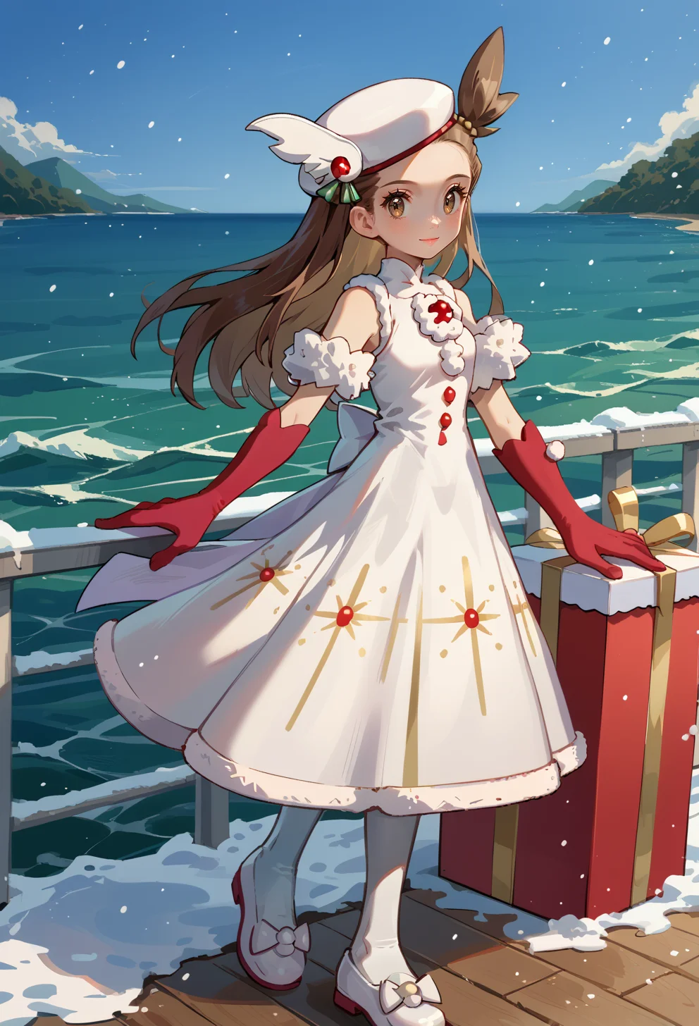 score_9, score_7_up, source_anime, BREAK light smile, ocean, solo, snowing, <lora:Jasmine:1> J4SM1N3, brown hair, long hair, pigtails, brown eyes, Hair tie, Christmas, white headwear, sleeveless white dress, detached sleeves, red gloves, elbow gloves, white pantyhose, shoes, white footwear,