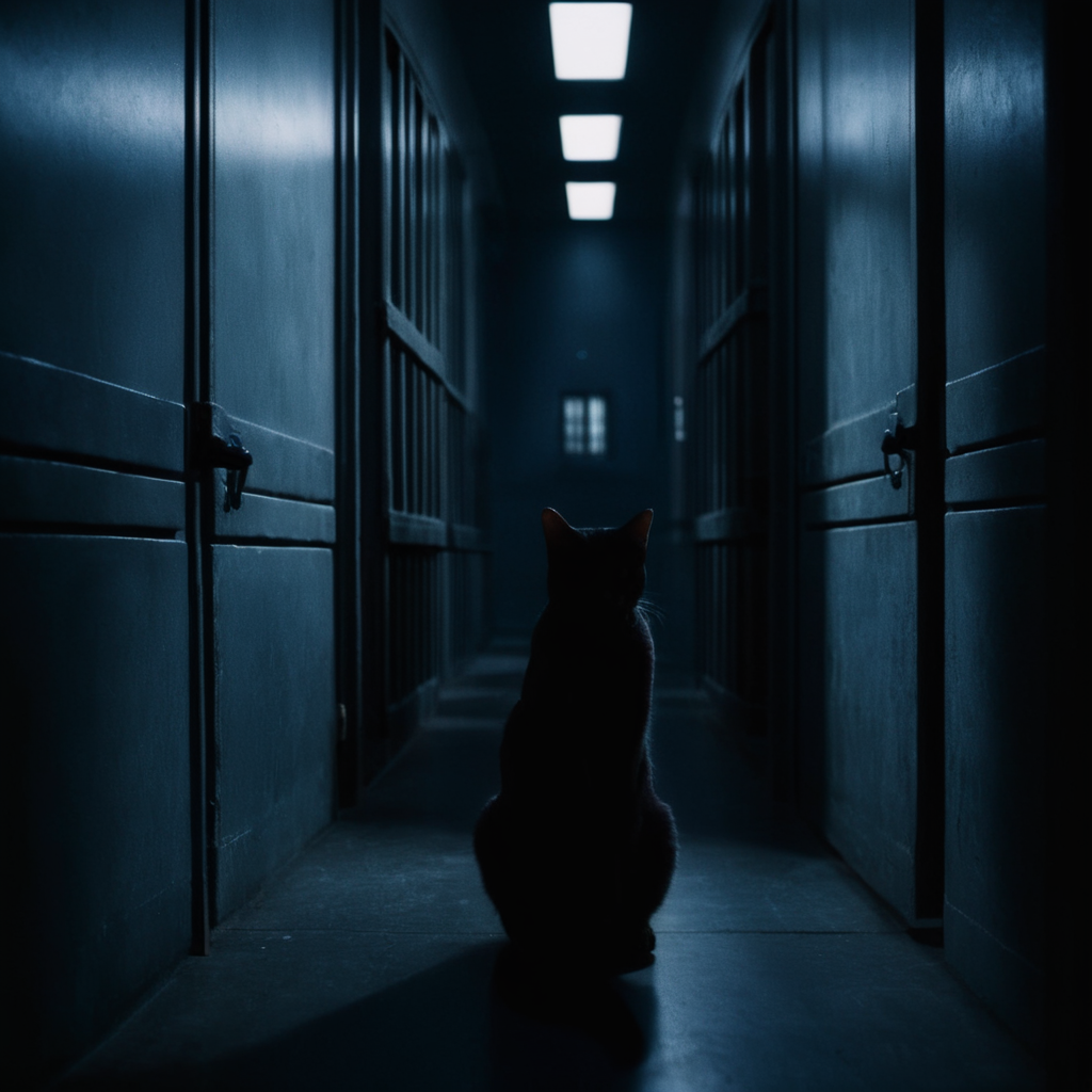 cinematic film still of  <lora:Cool Lighting Style:1> Blue Cool Lighting Style
 <lora:Chiaroscuro Lighting Style:1>
dramatic, cinematic, shadow, partially covered in shadow, a person sitting in a jail cell with a cat Chiaroscuro Lighting Style, monochrome, comic, greyscale, no humans, shadow, page number, silhouette, sliding doors, low light, dim light, cucoloris light modifier, casting window jail bar shadows, shallow depth of field, vignette, highly detailed, high budget, bokeh, cinemascope, moody, epic, gorgeous, film grain, grainy
