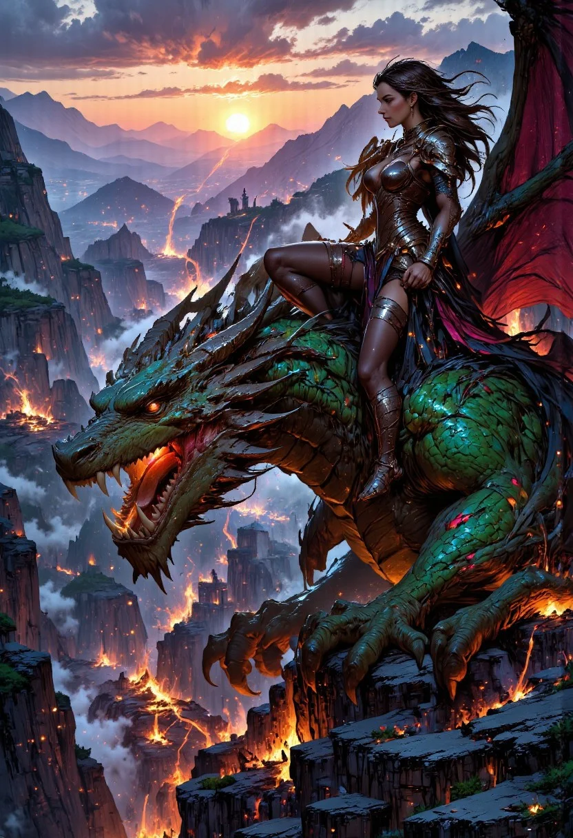 Here’s a condensed version of the prompt, limited to 1500 characters, while retaining the key elements:
A breathtaking depiction of a dragon queen astride her colossal dragon, perched on a jagged mountain peak overlooking a battlefield at twilight. Her long, wavy dark-brown hair flows in the wind, framing her piercing grey eyes and soft, feminine features. She exudes power and grace, clad in shimmering dragon-scaled armor adorned with crimson and gold accents that echo the fiery hues of the sunset.
In her hand, she wields a glowing broadsword inscribed with runes, its light casting an otherworldly glow on her regal form. Seated confidently on her dragon, she appears as both ruler and warrior, a living embodiment of strength and majesty. The dragon beneath her is a magnificent creature, its emerald and onyx scales glinting like jewels. Its massive wings are partially unfurled, its golden eyes glowing with intelligence and primal ferocity as it surveys the distant battlefield.
The air is alive with embers and swirling ash, illuminated by the setting sun that casts dramatic shadows across the jagged cliffs. Smoke rises from the conflict below, mingling with the fiery glow of the horizon. The queen’s flowing cape blends seamlessly with the dragon’s mighty form, creating a scene of unity and power, as if they are one with the untamed majesty of the world they command.