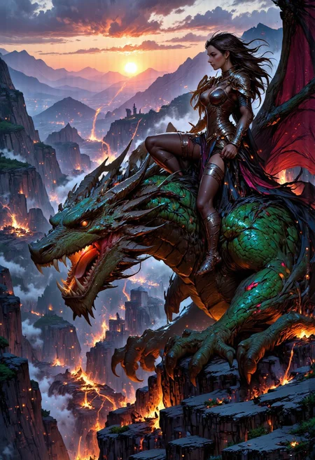Here’s a condensed version of the prompt, limited to 1500 characters, while retaining the key elements:
A breathtaking depiction of a dragon queen astride her colossal dragon, perched on a jagged mountain peak overlooking a battlefield at twilight. Her long, wavy dark-brown hair flows in the wind, framing her piercing grey eyes and soft, feminine features. She exudes power and grace, clad in shimmering dragon-scaled armor adorned with crimson and gold accents that echo the fiery hues of the sunset.
In her hand, she wields a glowing broadsword inscribed with runes, its light casting an otherworldly glow on her regal form. Seated confidently on her dragon, she appears as both ruler and warrior, a living embodiment of strength and majesty. The dragon beneath her is a magnificent creature, its emerald and onyx scales glinting like jewels. Its massive wings are partially unfurled, its golden eyes glowing with intelligence and primal ferocity as it surveys the distant battlefield.
The air is alive with embers and swirling ash, illuminated by the setting sun that casts dramatic shadows across the jagged cliffs. Smoke rises from the conflict below, mingling with the fiery glow of the horizon. The queen’s flowing cape blends seamlessly with the dragon’s mighty form, creating a scene of unity and power, as if they are one with the untamed majesty of the world they command.
