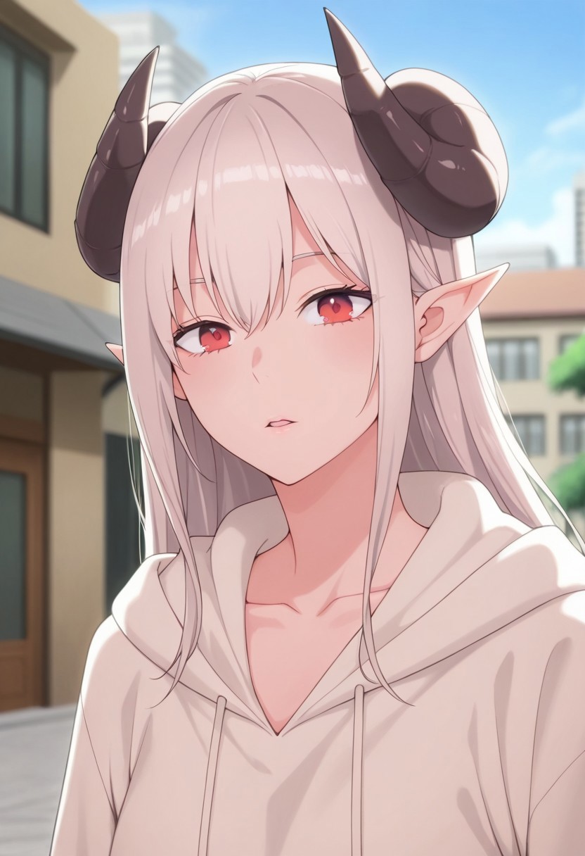 masterpiece,best quality,amazing quality, hanyu mayuri, long hair, grey hair, red eyes, horns, pointy ears, demon girl, 1girl, solo, outdoors, blurry, looking at viewer, day, blurry background, sky, building, parted lips, hood, collarbone