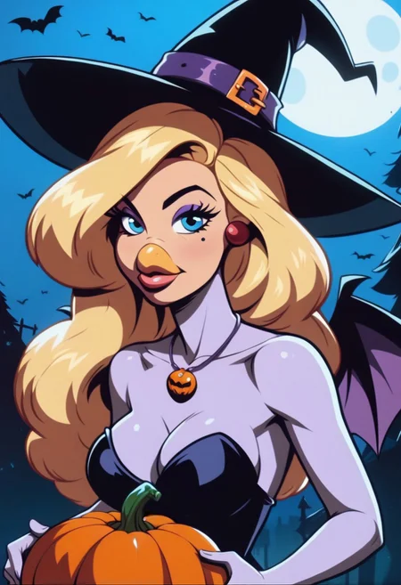 Goldie, big hair, beak, bird girl, solo, blonde hair,bird girl,blue eyes, long hair,beak,1girl, witch hat, hat, jewelry, breasts, jack-o'-lantern, bat \(animal\), cleavage, moon, solo, halloween, necklace, witch,blonde hair, night, long hair, tree, full moon, pumpkin,blue eyes,blue eyes, looking at viewer, bare tree, lips, outdoors, black headwear, medium breasts, makeup, upper body, sky, mole,mole under eye, night sky
score_9, score_8_up, score_7_up, score_6_up <lora:GoldieRockaPony1.0:0.8>