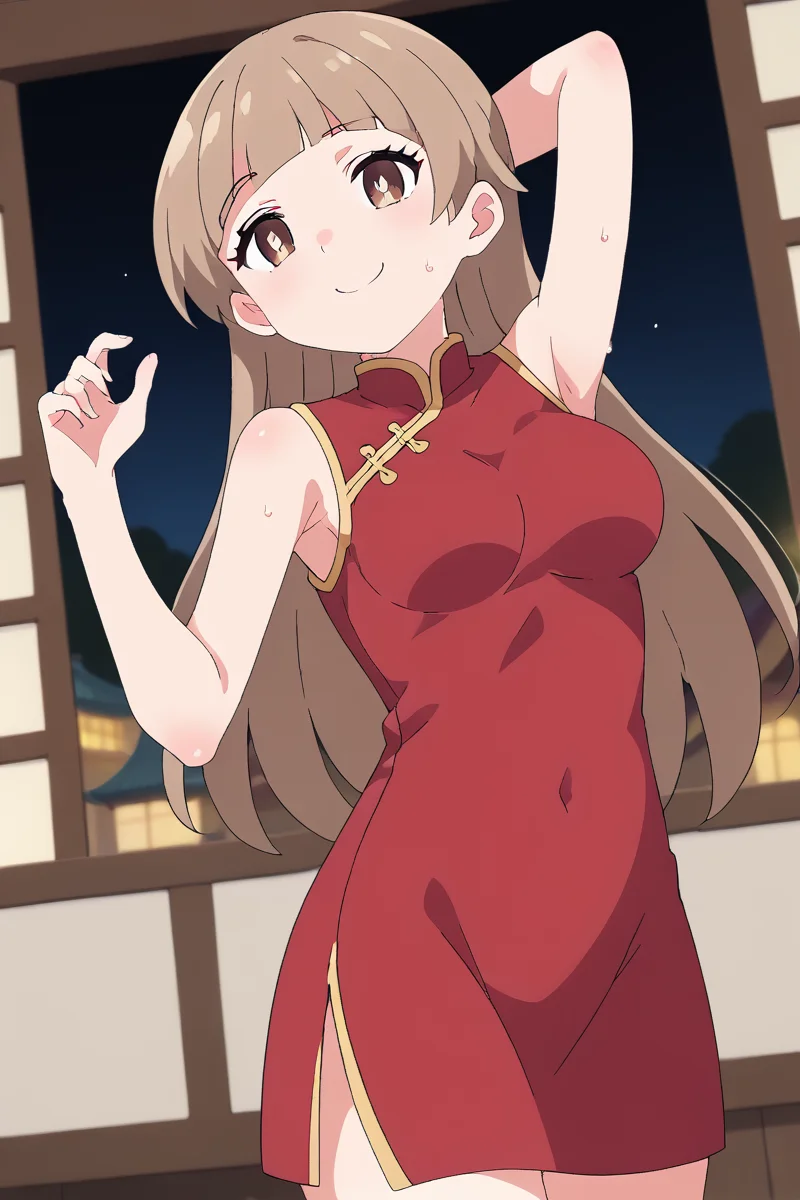 score_9, score_8_up, score_7_up , source_anime, solo, intricate details, masterpiece, high quality, prefect hands, best quality , anime screencap, <lora:DetailedEyes_V3:1> , KatanoPN, 1girl , brown eyes , white pupil , brown hair , long hair , medium breast , china town , chinese clothes, china dress, red dress, sleeveless , smile  , armpit, <lora:Katano_Bat_Holy_Envoy_Cross_Near_Heart:1> , sweating , sweat , cute ,