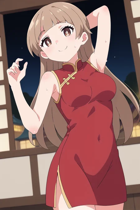 score_9, score_8_up, score_7_up , source_anime, solo, intricate details, masterpiece, high quality, prefect hands, best quality , anime screencap, <lora:DetailedEyes_V3:1> , KatanoPN, 1girl , brown eyes , white pupil , brown hair , long hair , medium breast , china town , chinese clothes, china dress, red dress, sleeveless , smile , armpit, <lora:Katano_Bat_Holy_Envoy_Cross_Near_Heart:1> , sweating , sweat , cute ,