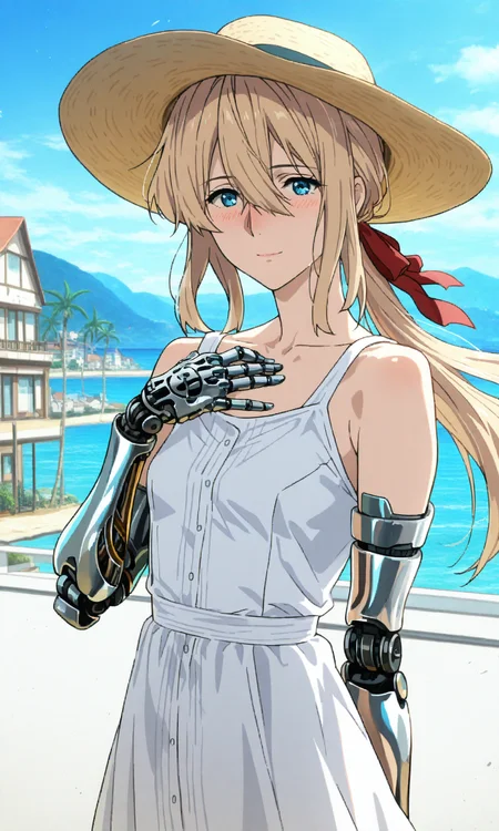 violetmv, 1girl, solo, blue eyes, mechanical hands, (mechanical arms:0.7), (mature female:1.3), (skinny:0.2), small breasts, bare shoulders
blonde hair, hair ribbon, red ribbon, ponytail, long hair, hair between eyes
sundress, sun hat, wind
street, palm tree, sea, summer, building, sky, sunny, looking at viewer, light smile, (blush:1.1), happy, hand on own chest, cowboy shot, povm mountainous horizon
masterpiece, best quality, amazing quality, very awa, very aesthetic, absurdres, highres, newest