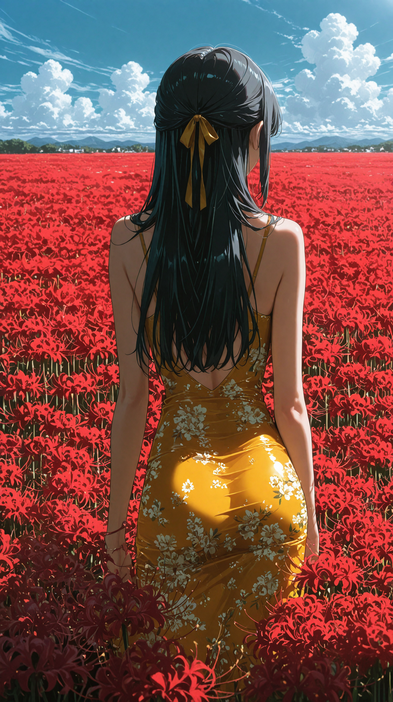 1girl, solo, from behind, black hair, half updo, long hair, hair ribbon, bodycon, yellow dress, floral print, , flower field, (spider lily field), sunny day, blue sky, clouds, natural lighting, shading, outdoors, lens flar,           
masterpiece, best quality, amazing quality, very aesthetic, absurdres, newest, scenery, anime coloring, flat color