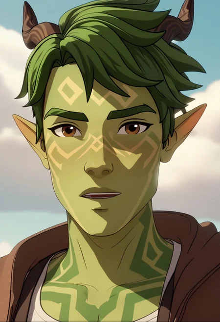 Score_9, Score_8, Score_7, TDPStyle, Terry, Elf, Green Magic Skin, Horns, Green Hair, close up