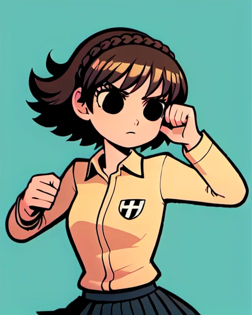 <lora:scottpilgrimvstheworld:1> scottpilgrimvstheworld, 1girl, black eyes, dsmakoto, brown hair, school uniform, collared shirt, skirt, pleated skirt, white shirt, black skirt, crown_braid, upper body, simple background, dynamic pose, <lora:makotoNiijima_e5:0.6>