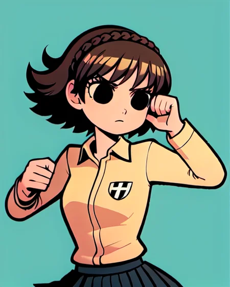 <lora:scottpilgrimvstheworld:1> scottpilgrimvstheworld, 1girl, black eyes, dsmakoto, brown hair, school uniform, collared shirt, skirt, pleated skirt, white shirt, black skirt, crown_braid, upper body, simple background, dynamic pose, <lora:makotoNiijima_e5:0.6>