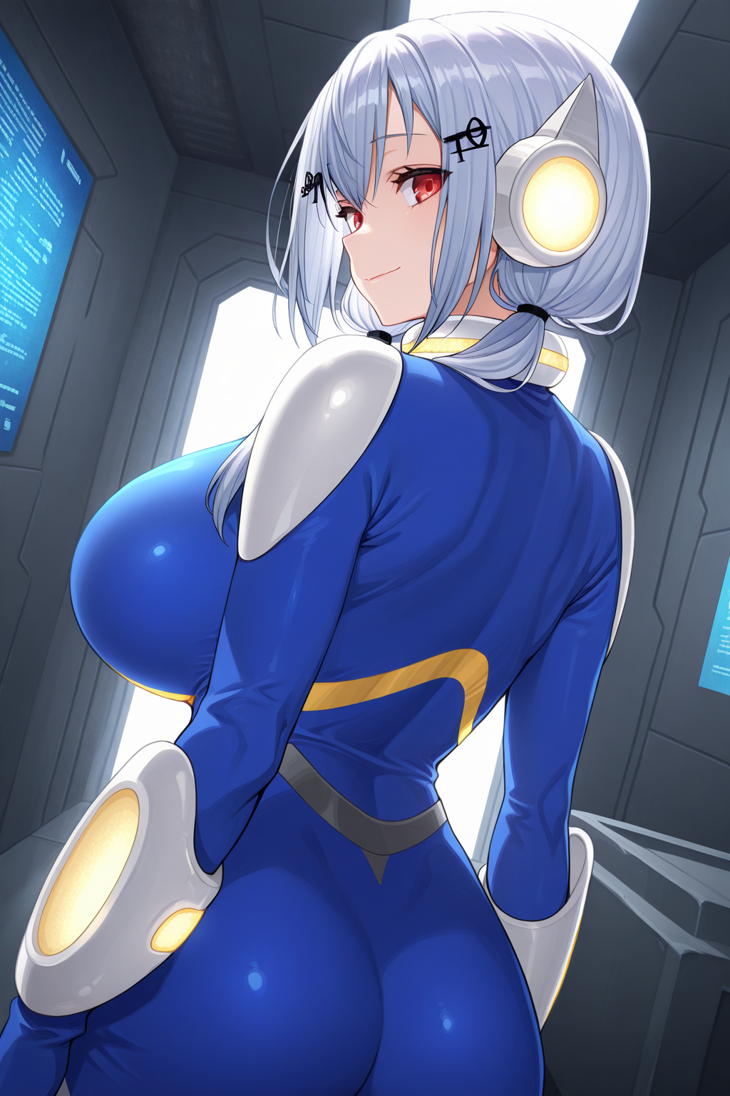 1girl, HakaseFuyukiNijisanji, 
general, solo, dutch angle, from behind,
red eyes,
huge breasts,
hair ornament, headphones,
blue bodysuit, 
light smile, looking at viewer, arms at sides,
science fiction, indoors,
<lora:kp_HakaseFuyukiNijisanjiBodysuitIllustrious_v1_0:1.0>,
masterpiece, best quality, amazing quality