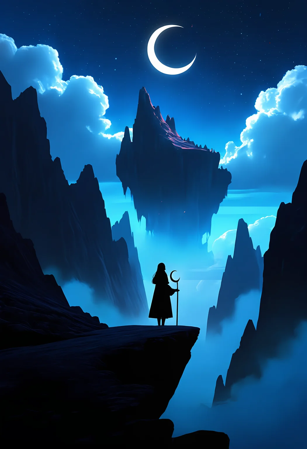 masterpiece, best quality, good quality, very awa, very aesthetic, absurdres, newest, 1girl, solo, black_hair, long_sleeves, holding, standing, outdoors, sky, cloud, from_behind, night, moon, star_\(sky\), night_sky, scenery, starry_sky, dark, wide_shot, crescent_moon, fog, cliff, above_clouds, ink drawing, opill, gr4ph1t3,