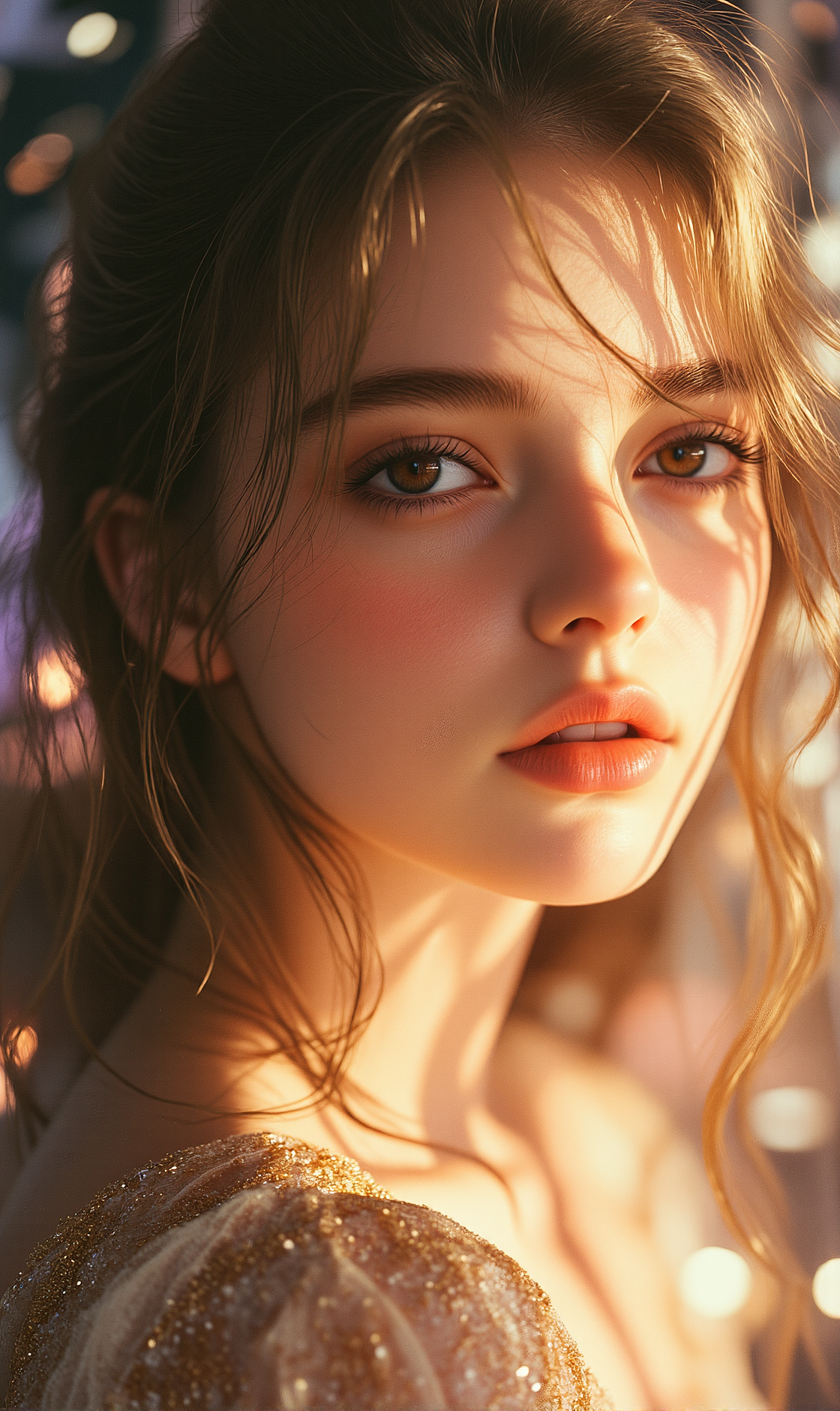 A photorealistic depiction of A gorgeous woman, OBbllai with light brown eyes and asymmetrical golden hair, her glossy lips and skin meticulously detailed. She wears a glittering, intricately designed dress, The background is a dimly lit galaxy backdrop filled with swirling particles, wind, and flowers. Her divine aura and voluptuous body are highlighted beautifully.

With one arm gently holding a flower to her face, her eyes gazing softly at the swirling stars.


Visual Aesthetics:
Subtle underlighting, making her face appear more mysterious and divine.
Glossy lip reflections, catching the faint light in the dim galaxy backdrop.
Nebulae swirling in the background, with soft hues of pink and purple.
Sparkling particles of space dust, twinkling softly around her.
Gentle wind moving her short hair, giving a soft, natural motion.
Layered chiffon dress, each layer catching the light differently.
Detailed iris patterns, capturing the light and swirling galaxy in her eyes.
Intricate gold patterns on her dress, glowing faintly in the low light.
Detailed highlights on her hair strands, reflecting the galaxy's light.
Dim galaxy light, with soft glows from distant stars.
Dim lighting enhancing the shadows, creating depth while keeping the focus on her.










