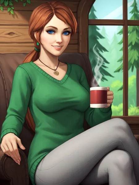zpdxl3, forest, autumnal, log cabin, indoors, 1girl, window, solo, looking at viewer, sitting on armchair, reclining, crossed legs, warm smile, holding steaming coffee mug, <lora:staceyDR_PDXL 2:0.8> staceydr, low ponytail, blue eyes, earrings, necklace, sweater, grey leggings,