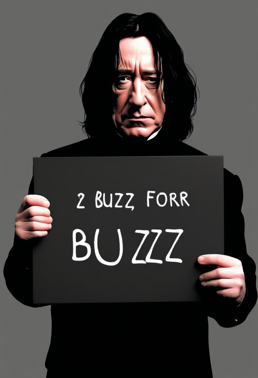 <lora:PE_HoldingSign:0.8> PEHoldingSign, sad face,
professor snape holding a sign that says Buzz for potter