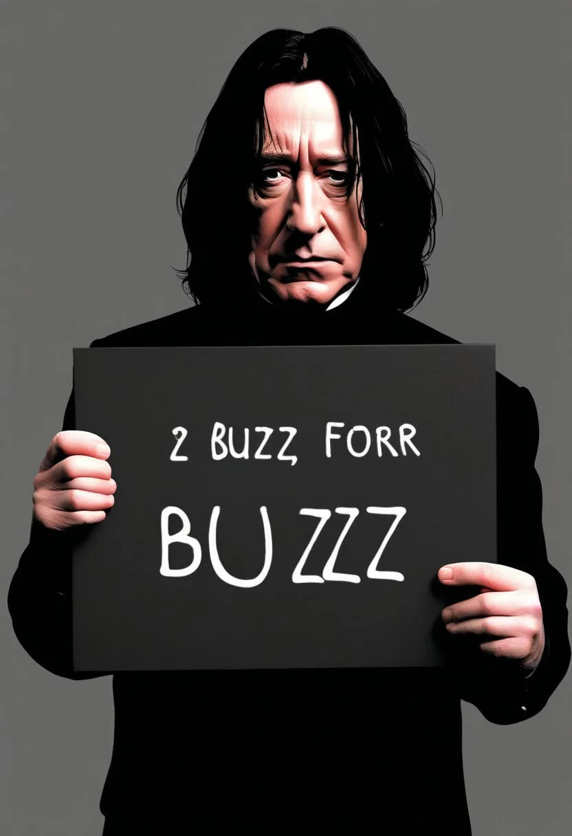 <lora:PE_HoldingSign:0.8> PEHoldingSign, sad face,
professor snape holding a sign that says Buzz for potter