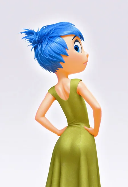 solo, joyemotion, looking at viewer, green dress, back view, looking back at viewer, hands on hips, blank background