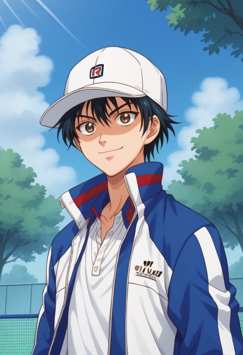 score_9, score_8_up, score_7_up, source_anime, highly detailed, 
echizen, 1boy, male focus, solo, black hair, short hair, hat, baseball cap, white headwear, brown eyes, sportwear, tennis uniform, jacket, track jacket, open jacket, open clothes, smile, determined
outdoor, sky, tree, cloud