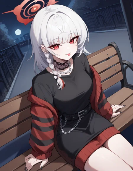 score_9, score_8_up, score_7_up, source_anime, <lora:haruna-kurodate-ponyxl-lora-nochekaiser:1>, haruna kurodate, haruna (blue archive), white hair, red eyes, demon girl, bangs, braid, single braid, long hair, halo, albino, medium breasts,, <lora:emo-fashion-ponyxl-lora-nochekaiser:1>, emo fashion, torn sweater, two-tone sweater, sweater under shirt, striped sweater, lace-trimmed choker, belt chain, red sweater, black sweater, goth fashion, street, night, moon, sitting, bench, from above, tongue out,, , cowboy shot, dutch angle,