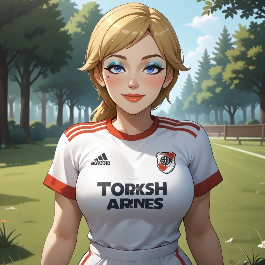 score_9, score_8, BREAK, solo, mii, wii, wii sports resort, 1girl, female mii, attractive, blonde hair, white skin, makeup, blush, blue eyeshadow, blue eyes, small nose, mole under eye, lips, RiverPlate, striped shirt, striped, shirt, white shirt, short sleeves, clothes writing, sportswear, soccer uniform, shoes, big breasts, white pants, Alisha_(\Wii_Sports_Resort\), Nintendo Mii, modern_mii, classic_mii, cute, sexy pose, self portrait, smile, outdoors, sunlight, shadows, evening lighting, natural lighting, forest, trees, grass, orange sky, sunset