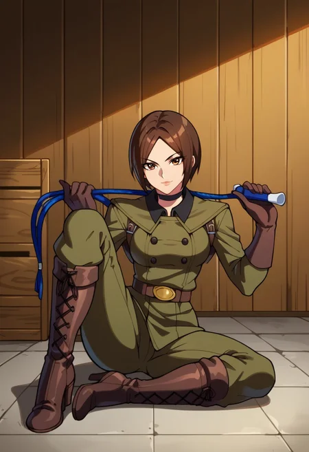 1girl, solo, score_9, score_8_up, score_7_up, masterpiece, high quality, anime, 2d, cute face, lips,
whipKOF, brown hair, short hair, brown eyes, choker, uniform, military, military uniform, brown gloves, pants, brown boots, high heels, whip, holding whip, gloves, boots,
sitting, facing forward, looking at viewer, flirty, happy,
indoors, cargo room, empty crates,
