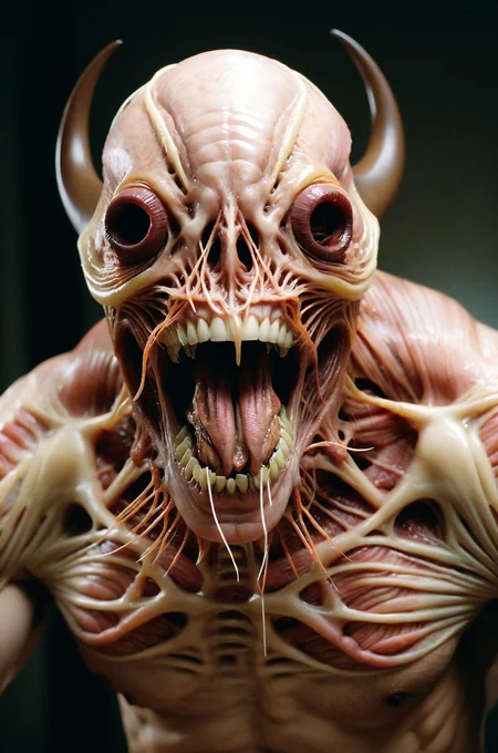 film grain texture,analog photography aesthetic,Hyper-realistic creature design, fantasy horror theme, grotesquely detailed monster portrait, sharp fangs, monstrous, sunken eyes, exposed muscle tissue, eerie skin tones of pink and yellowish-brown, sinewy textures visible, organic strands connect mouth to jaw, head appendages resembling antennas, intense, fearsome expression, digital 3D sculpting evident, meticulous rendering, chiaroscuro lighting emphasising form and detail, detailed SSS (Subsurface Scattering) apparent in skin translucency, likely inspired by the horror and science fiction genres, no clear human or animal classification, an intricate blend of organic elements creating unnerving, otherworldly visage.,