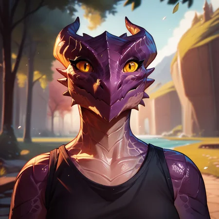 (((beautiful, high quality))), upper body, score_9, score_8_up, score_7_up, solo,
looks at the viewer,
Dragonborn, furry dragon,
1girl, yellow eyes, purple scales, black top,
outdoor, fantasy background, nature, blurred background,