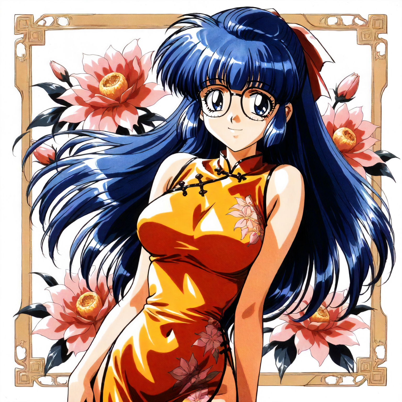 <lora:RC_maria_custardXLanimagine001>,
masterpiece,high score,great score,absurdres,
flower background,glitter,
smile,
looking at viewer,
solo,
anime coloring,retro artstyle,1990s (style),
maria_custard\(rance_series\),1girl,blue hair,half updo,hair ribbon,long hair,blue eyes,glasses,
cowboy shot,standing,
print_cheongsam,