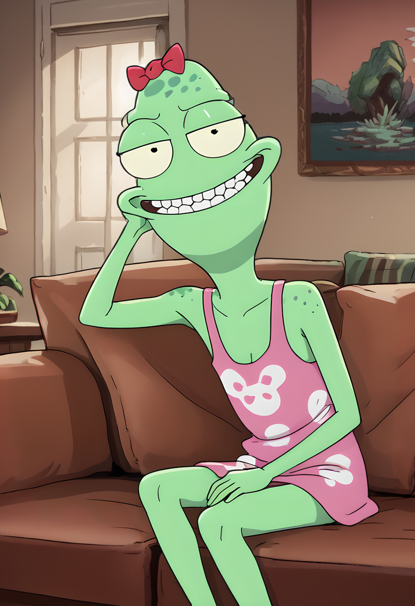 score_9, score_8_up, score_8,   <lora:Jesse_Solar_Opposites_for_PonyXL (2):0.8> bow, green skin, 1girl, black eyes, j3ss3, young, solo, sitting on couch, living room, wnidow, parody,  smile,