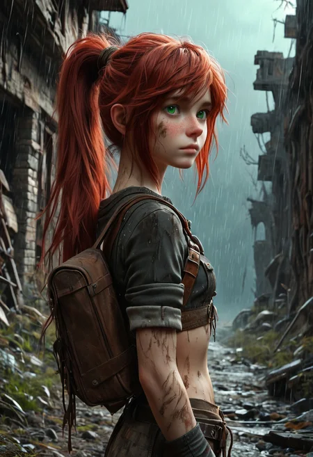 score_9, score_8_up, score_7_up, 1woman, Masterpiece, 4k, ultra high detail, 21yo, small_breast_size, long red ponytail hair, fcNeg, stunning green eyes, freckles, white skin, small nose, innocent beauty, slim cute face, skinny body, red hair,
Alerted look, dry tears, dirty clothes, dirty face,
particles, lightbrown_full_body_wild_leather_suit,
Dark sky with stormclouds, ash, raining Ash like dark snow, ruins, wasteland, cityruins, tribal_native_clothes,
End of the World,
negative_hand, NightScapes, ng_deepnegative_v1_75t,