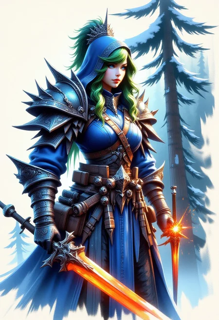 FFAOR, inksketch, 1woman, Frost Blue armor, sky blue eyes, orange glowing sword, cherry red lips, pine green hair, beautiful