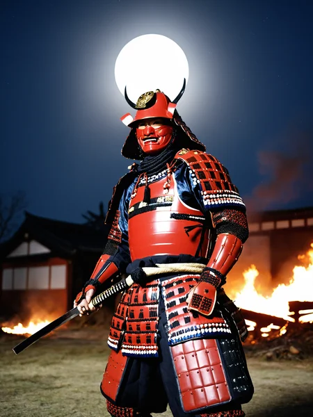 best quality, masterpieces,
a man in samurai armor preparing to draw his sword and standing in front of devastated houses which on fire, ruins background,
midnight, dark sky, moon, dark theme,
heavy shadow, film photography, soft focus, soft lighting, subsurface scattering, realistic,
red samurai, black samurai helmet, symbol on helmet,
<lora:hina_samurai_armor_sdxl_rank32:0.6>