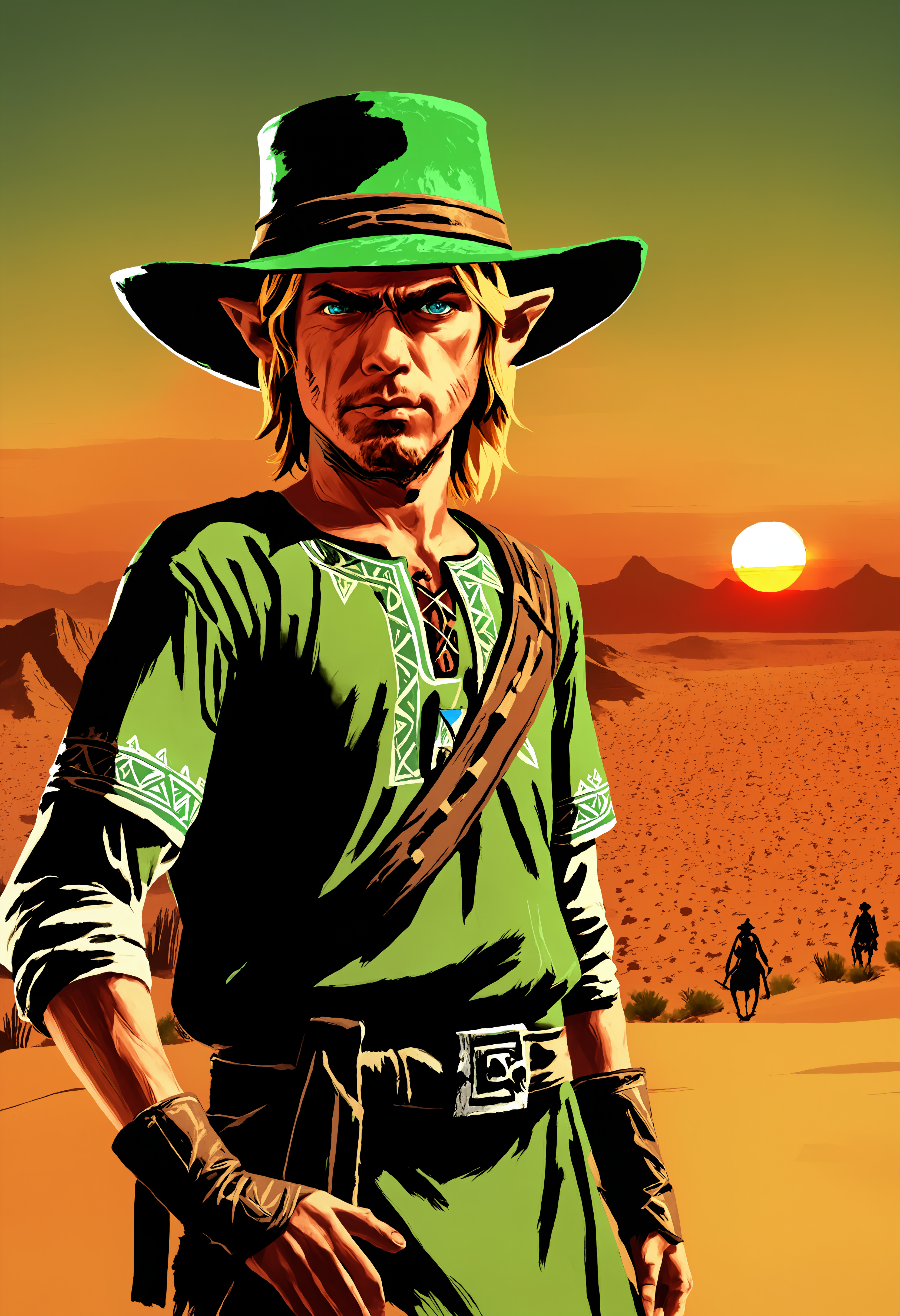 (RDR), desert, sunset,  link, hyrule, blonde hair, green tunic, blue eyes, triforce, 1boy, male_focus, green_hat
 <lora:Promo_Art_Style_-_Read_Dead_Redemption:1.4>