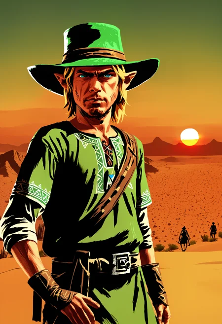 (RDR), desert, sunset, link, hyrule, blonde hair, green tunic, blue eyes, triforce, 1boy, male_focus, green_hat
<lora:Promo_Art_Style_-_Read_Dead_Redemption:1.4>