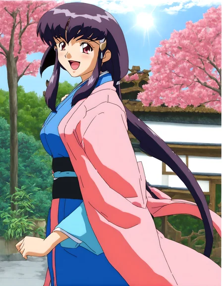 <lora:pony_xl_ayeka>,ayeka,1girl,best quality,masterpiece,super fine illustration,japanese clothes,kimono,sash,day,sky,japanese garden,garden,laughing,adjusting_hair,strong rim light,lens_flare,available light,cowboy_shot,looking_back,