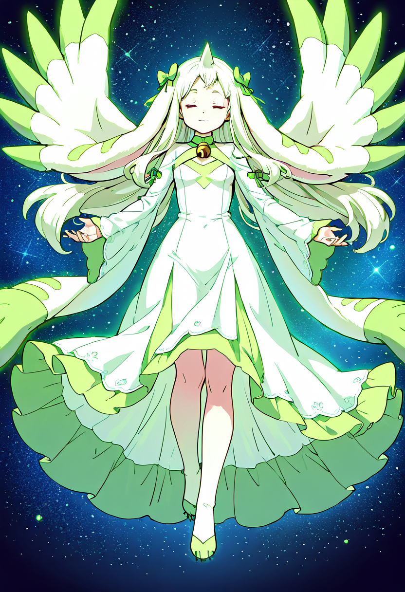 masterpiece, best quality, 1girl, solo,    zzTerriermon,  1girl, fantasy gown, flowing dress, green ribbons, long sleeves, bell sleeves, terriermon-inspired, translucent fabrics, digital sparkles, floating pose, closed eyes, serene expression, starry background, glowing particles Wearing a flowing, ethereal gown with sheer white layers and green ribbon details, the girl's sleeves extend far past her hands and ripple like Terriermonâs ears. Light catches on embedded digital sparkles in the fabric. Her hair flows like data through the void as she floats in a dreamlike space â part girl, part algorithm, all magic.    ,<lora:TerriermonDigimon_IXL:1.0>,