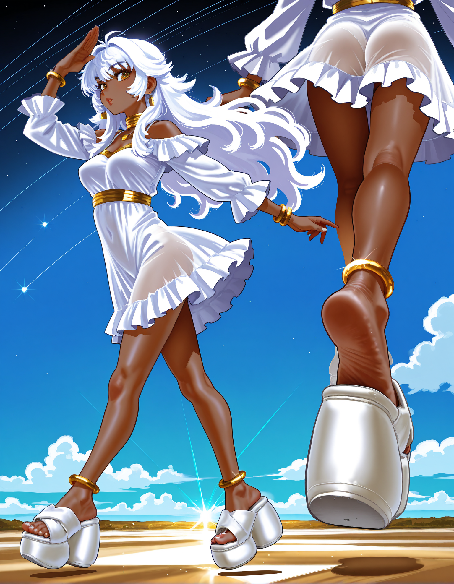 masterpiece, best quality, amazing quality, very aesthetic, high resolution, ultra-detailed, absurdres, 
by sakazaki freddy, andava, my nameisyoon,
multiple views, from side,
1girl, 
elegant flowing white nightgown with fluffy trim, gold jewellry, cold bracelets, gold anklets, gold trimmed clothing, fine detail, medium breasts, white hair, sparkly hair, skipping, exteremely long flowing hair, very dark skin, gold eyes,
clouds, sky, walking on clouds, dancing, scenery,
god rays, daytime galaxy sky,
looking at viewer,
(cl0ud sandals), (platform footwear:1.2), (white footwear:1.2),
foot focus, close-up of feet, perfect feet, detailed feet, white toenail polish,