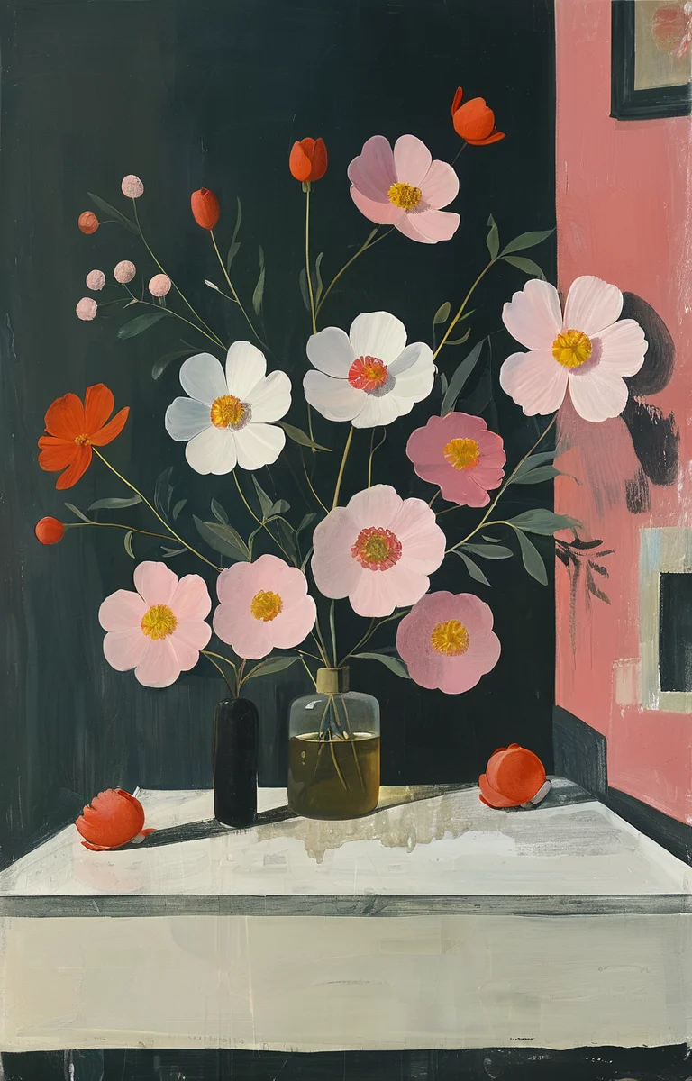 masterpiece,best quality,<lora:tbh198-sdxl:0.9>,illustration,style of Mary Fedden decaying peonies