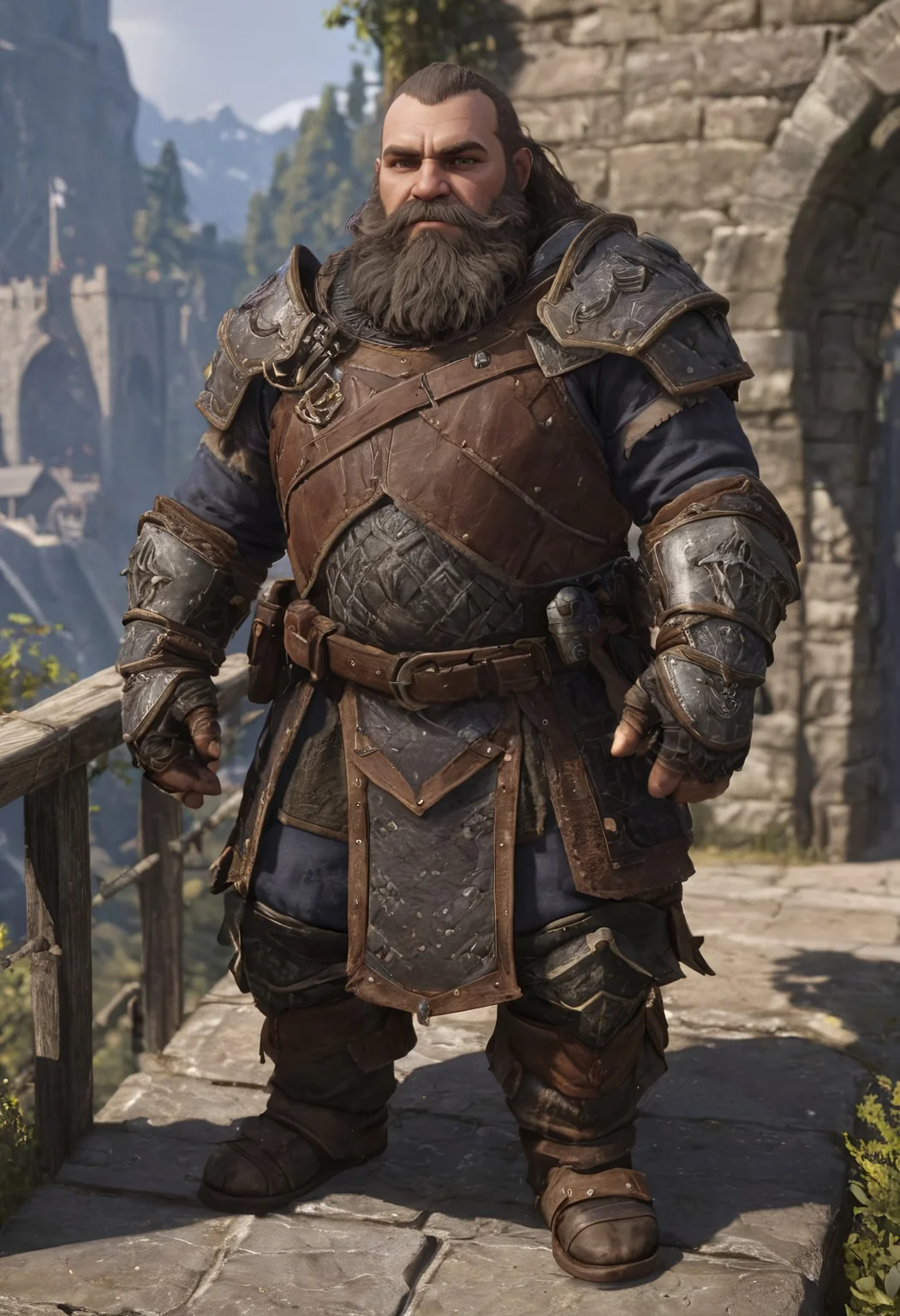 skyhold, a dwarf with a stylish beard, wearing leather armor, exterior, bridge, walls, portcullis <lora:Skyhold:0.7>